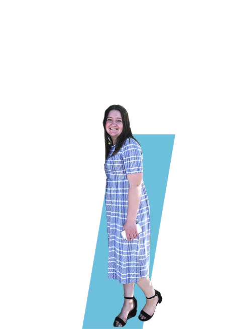 woman in a dress with a blue background
