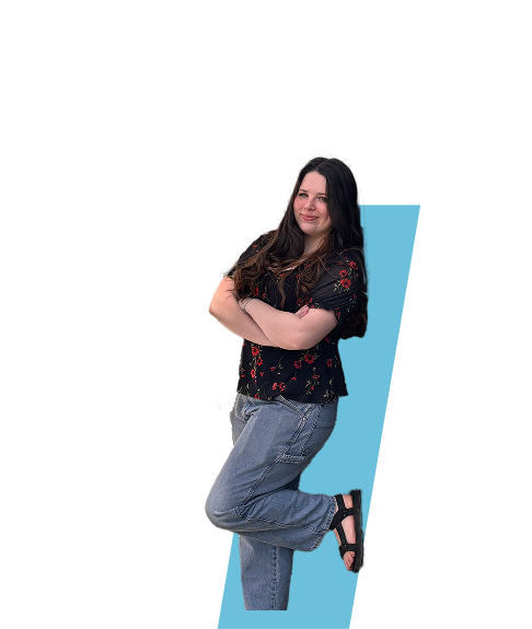 woman leaning with a blue background